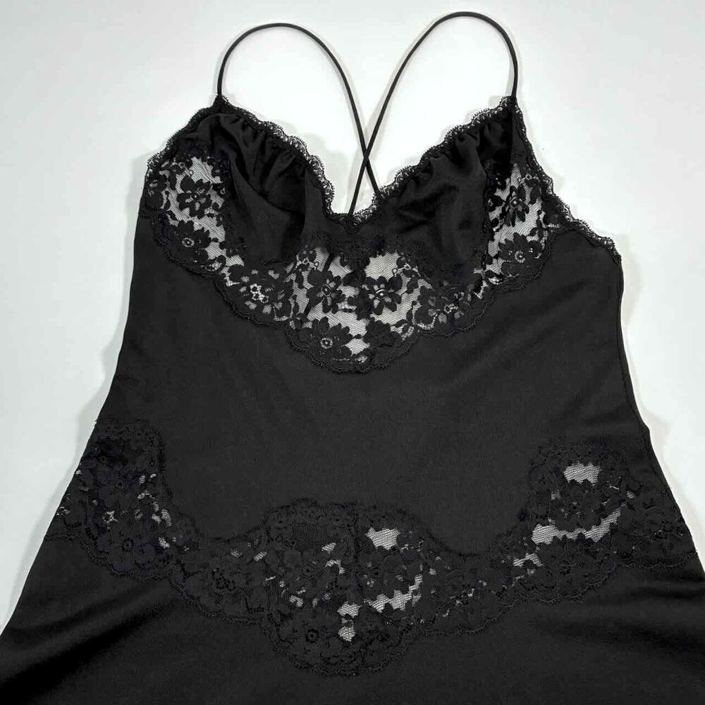 Vtg 80s Spaghetti Strap Black Slip Dress with Sheer Lace Panels - Small (34)